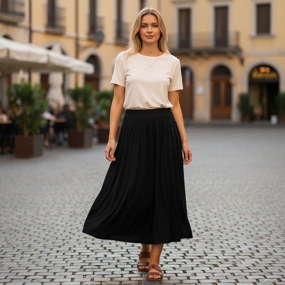 Eileen Fisher Black Jersey Knit Midi Skirt XL Elastic Waist Flowy Minimal Travel